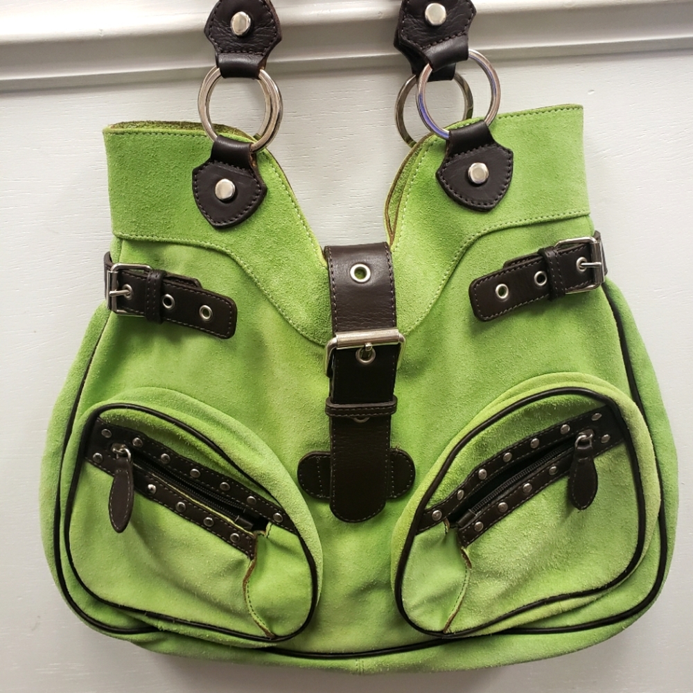 Vera Pelle Suede Spring Green with Brown Leather Trim Bag